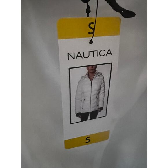 Nautica White Puffer Zip Up Jacket Small Removable Hood Pockets Stretch New - Picture 10 of 12
